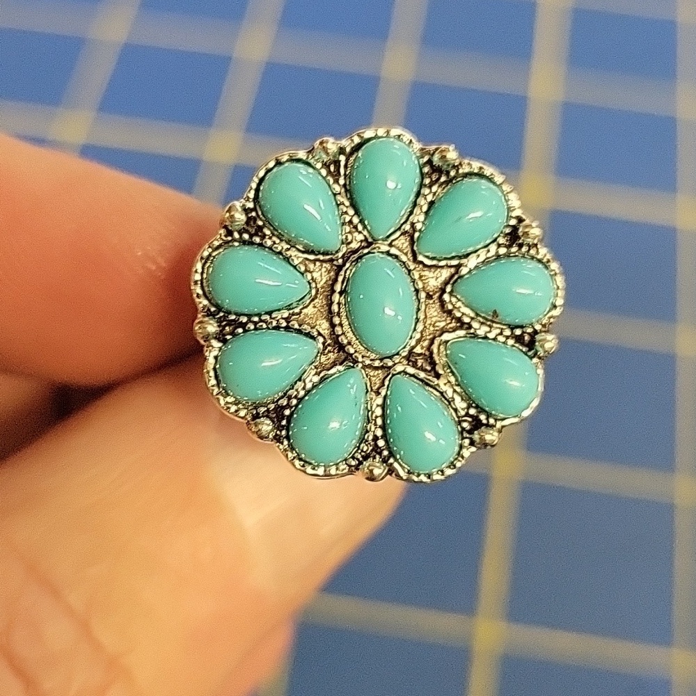 Floral Turquoise Stone Silver Tone Ring Size 6